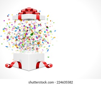 Gift box open and with red bow and ribbon vector illustration. Fireworks sparkles and confetti.