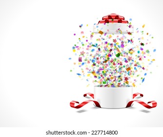 Gift box open and with red bow and ribbon vector illustration. Fireworks sparkles and colorful confetti.