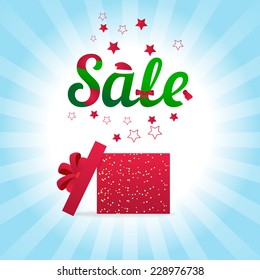 Gift box open and with red bow and ribbon vector illustration. Fireworks sparkles and confetti. Holiday Sale background with stylized word "Sale", of christmas symbols