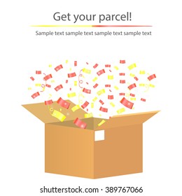 Gift box open and with red bow and ribbon vector illustration. Fireworks sparkles and colorful confetti. Parcel with surprise.
