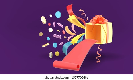 The gift box open with red carpet, gold coins and the ribbon on the purple background.
 - Shutterstock ID 1557703496