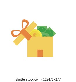 gift box open with red ribbon, bonus money, earn points, loyalty program, win prize, cash back for purchase, birthday present, vector flat icon and white background