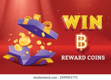 Gift Box Open With Reward Baht Gold Coins Falling Out On Red Background. Vector Illustration Concept for Discount Sale, Shopping Save, Cashback Rewards