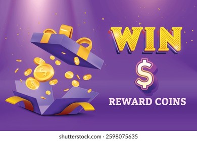 Gift Box Open With Reward Dollar Gold Coins Falling Out On Purple Background. Vector Illustration Concept for Discount Sale, Shopping Save, Cashback Rewards
