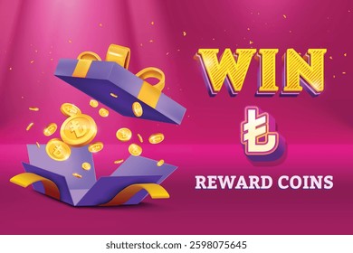 Gift Box Open With Reward Lira Gold Coins Falling Out On Pink Background. Vector Illustration Concept for Discount Sale, Shopping Save, Cashback Rewards