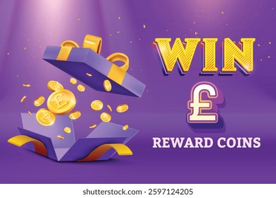 Gift Box Open With Reward Pound Gold Coins Falling Out On Purple Background. Vector Illustration Concept for Discount Sale, Shopping Save, Cashback Rewards