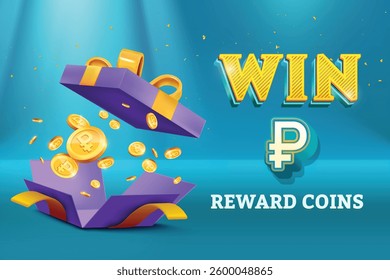 Gift Box Open With Reward Ruble Gold Coins Falling Out On Blue Background. Vector Illustration Concept for Discount Sale, Shopping Save, Cashback Rewards