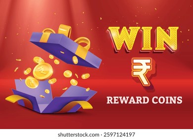 Gift Box Open With Reward Rupees Gold Coins Falling Out On Red Background. Vector Illustration Concept for Discount Sale, Shopping Save, Cashback Rewards