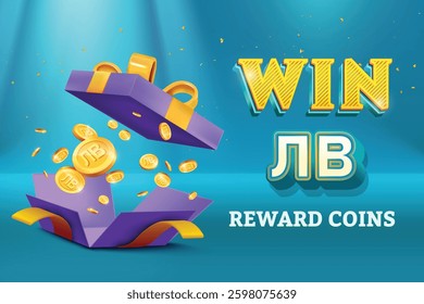 Gift Box Open With Reward Som And Lev Gold Coins Falling Out On Blue Background. Vector Illustration Concept for Discount Sale, Shopping Save, Cashback Rewards