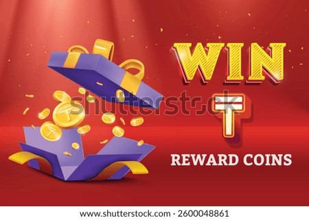 Gift Box Open With Reward Tenge Gold Coins Falling Out On Red Background. Vector Illustration Concept for Discount Sale, Shopping Save, Cashback Rewards