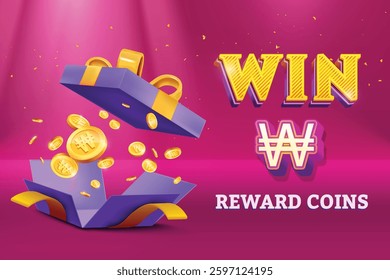 Gift Box Open With Reward Won Gold Coins Falling Out On Pink Background. Vector Illustration Concept for Discount Sale, Shopping Save, Cashback Rewards