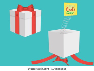 The gift box is open, a spring springs from it with a piece of paper with the inscription on April 1, the day of fools. 3D. Raffle with a gift box with a bow. Vector illustration.