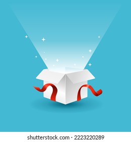 Gift box opened with a light shining on it. White gift boxes opened on blue background. Vector illustration.