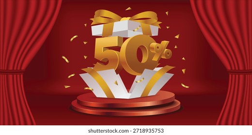 Gift box opened with the number fifty percent discount on the red podium