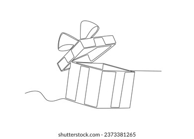 A gift box opened with a ribbon on top. Boxing day one-line drawing