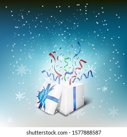 Gift box opening celebrated with snow flex background
