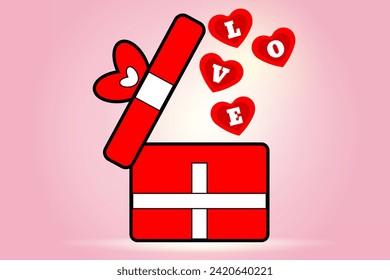 Gift Box opening and floating out Love letters Heart Surprise idea Vector. Red gift box with Ribbon unboxing cover. Concept of Valentines day, Wedding Anniversary, Birthday, New Year background.