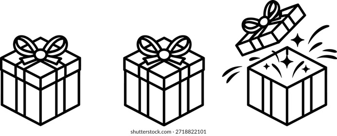 Gift box opening line icons set surprise present celebration