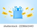 Gift box is opening. Many vouchers, coupons are flying. Consumer reward, client discount concept, online shopping sale bonus background. Bonus coupon clipart on blue background. Vector illustration.