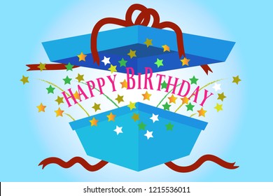 Gift box opening with a sparkle and happy birthday letters. blue gradient background