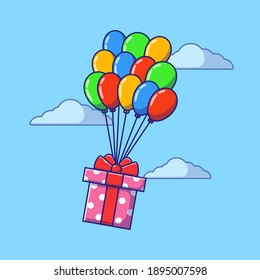 Gift Box and Orders Carried by Colorful Balloons by Air. Shipping Package and Gift Illustration. Business and Transportation Icon Concept. Flat Cartoon Vector Illustration Isolated.