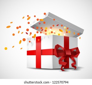 Gift box with origami bow and confetti - vector illustration.