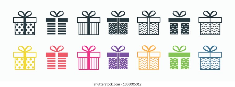 Gift box with ornament flat vector design icon set. Vector flat design presents sign. Symbol of celebration.