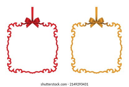 gift box ornate greeting card frame red and gold with bow and ribbon on white background