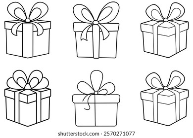 Gift Box Outline Collection Set On An Isolated White Background. Gift boxes Used For Holiday, Present, Birthday, Special Give Away.