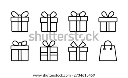 Gift Box Outline Icons Set – Minimal Present and Shopping Bag Vector Collection