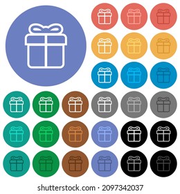 Gift box outline multi colored flat icons on round backgrounds. Included white, light and dark icon variations for hover and active status effects, and bonus shades.