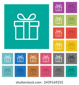 Gift box outline multi colored flat icons on plain square backgrounds. Included white and darker icon variations for hover or active effects.