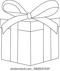 Gift box outline vector illustration featuring decorative ribbon bow. Suitable for birthday, celebration, holiday, surprise, and festive concepts.