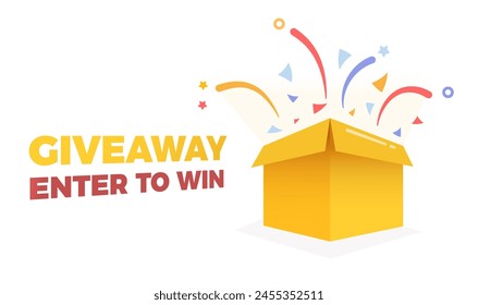 Paquete de caja de regalo explotando en la Ilustración vectorial de confetis, giveaway entrar para ganar texto. Concurso con premio y recompensas Anuncio 