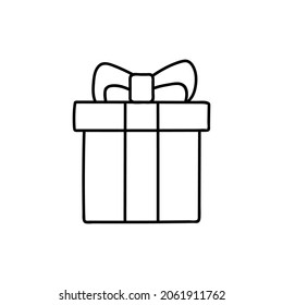 Gift box package icon in flat black line style, isolated on white background 