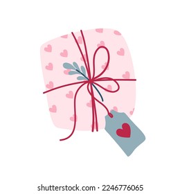 Gift box packaged with pink heart pattern paper, string, plant and label. Romantic present. Flat style single vector illustration isolated on white.
