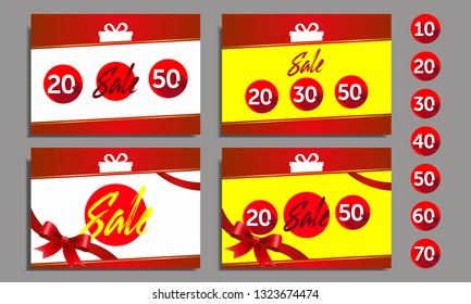 Gift box, packaging, satin ribbon, bow. Collection, Set of gift cards, flyers, banners. Vector illustration 10 20 30 40 50 60 70 percent Mega sale.Sale banner template design. Big sale special offer.