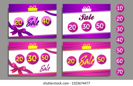Gift box, packaging, satin ribbon, bow. Collection, Set of gift cards, flyers, banners. Sale banner template design. Big sale special offer. Vector illustration 10 20 30 40 50 60 70 percent Mega sale.