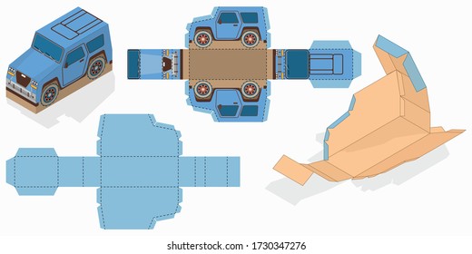 Gift Box Packaging Template Editable Blueprint Layout with Cutting and Scoring Lines. Vehicle  on the background.Joyful Happy Travel Trip. Ready to go for print