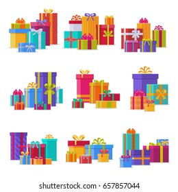 Gift box packs composition event greeting object with ribbon and bow birthday isolated vector illustration.