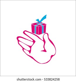 Gift box and palm of a hand on a white background. Vector element for design.