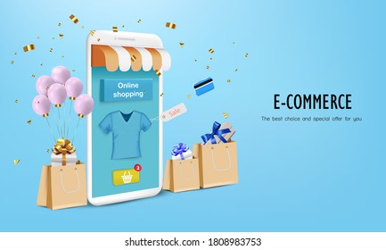 Gift box with paper bag and mobile for online shopping