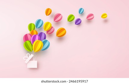 Gift box with paper colorful balloons on pink background. Vector 3d flying ballons for Happy Mother's, Children's Day, birthday greeting card design