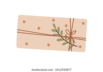 Gift box in paper wrapping, leaf branch decoration. Present design with plant decor. Surprise in package with twig, rope. Giftbox pack. Flat graphic vector illustration isolated on white background