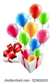 Gift box with party ballons and streamers, concept for an exciting birthday, Christmas or other gift or present.