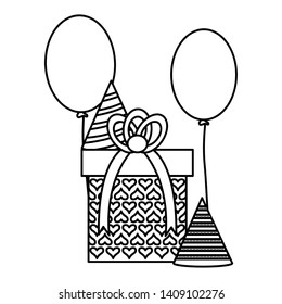 gift box with party hat and balloons helium floating