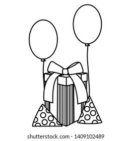 gift box with party hat and balloons helium floating