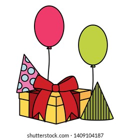 gift box with party hat and balloons helium floating