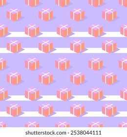 Gift box pattern for decorating fabric and paper with a background color in purple tones.