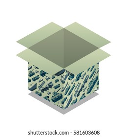 Gift box with pattern of military machines for 23 ot february. Present for day of defenders of fatherland. Isometric flat style. Vector illustration art.